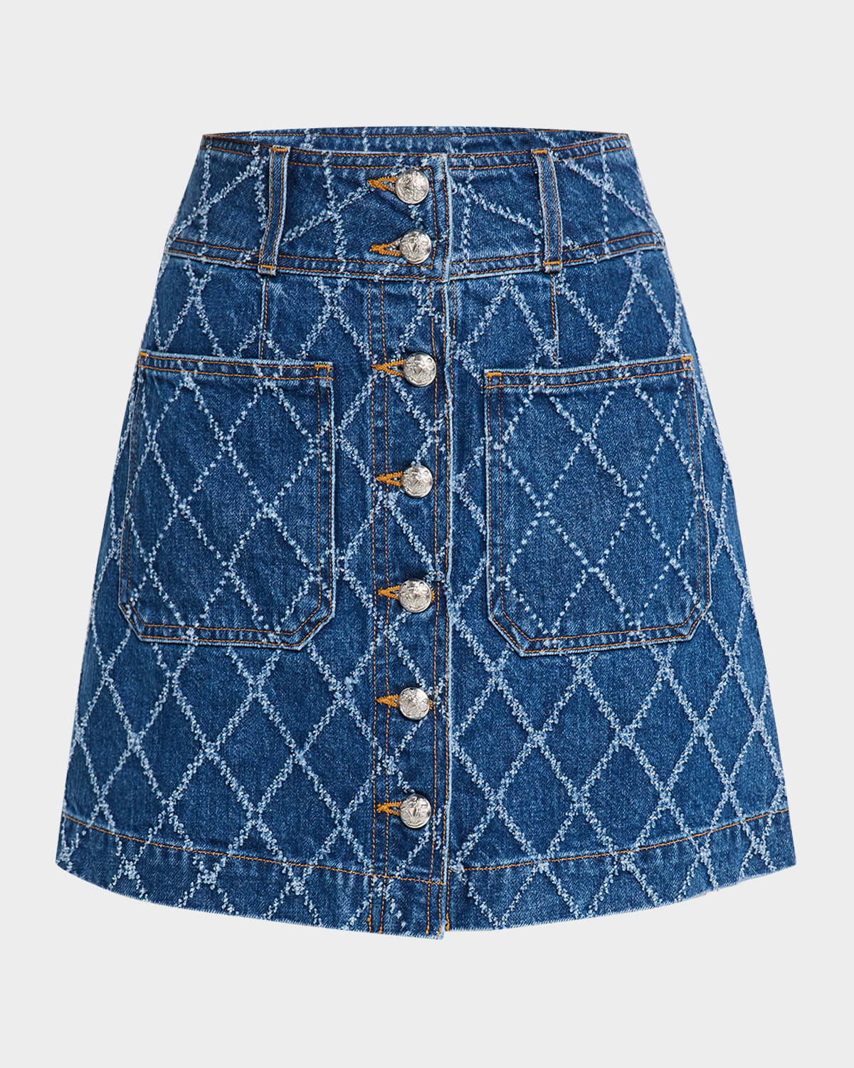 Moxie Diamond-Print Denim Mini Skirt | Neiman Marcus