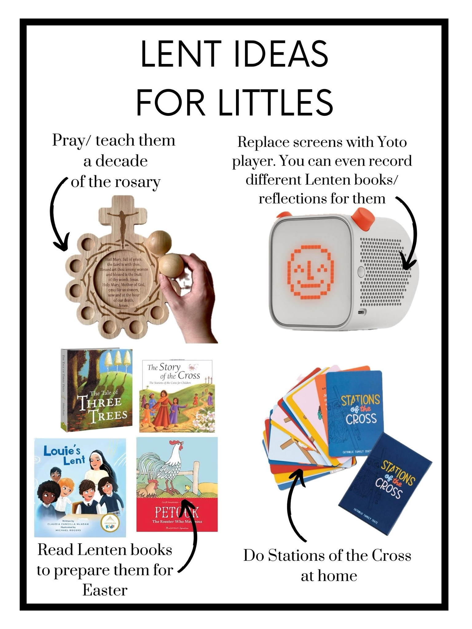 Lent ideas for littles! pray/ teach them a decade of the rosary everyday. we need a little reset with screen time. replace screen time with the Yoto player. you can even record yourself reading a Lenten book or reflection. read Lenten books to prepare your little one for Easter. do Stations of the Cross at home especially if you aren’t able to make it to your Parish #lent #catholic 

#LTKfamily #LTKhome #LTKkids