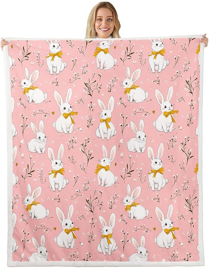 Cute Rabbit Plush Sherpa Blanket - Cartoon Bunny Pink Throw for Boys Girls - Lovely Little Floral... | Amazon (US)