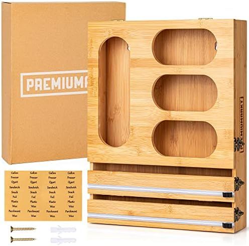 Premiumarkt 6in1 Thick Bamboo Ziplock Bag Organizer Wrap Dispenser with Cutter, Kitchen drawer organ | Amazon (US)