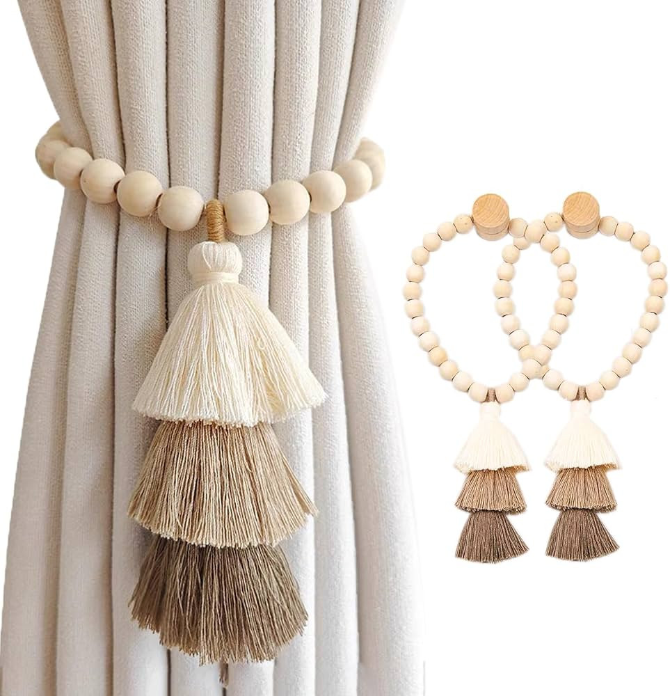 SRG Handmade Wooden Bead Curtain Tiebacks 2 PCS | Simple Elegant Magnetic Tassel Curtain Holdback... | Amazon (US)