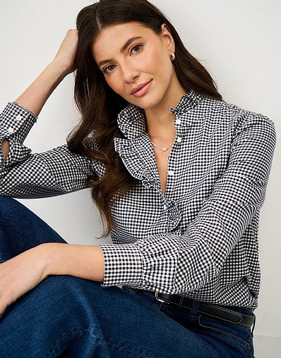 Harmony Frill Flannel Blouse in Navy & White Gingham | Crew Clothing (UK)