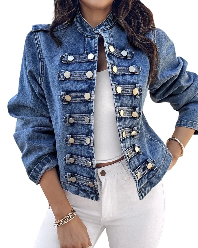 ChicMe Women's Denim Jackets Button Up Stand Collar Long Sleeve Jeans Jacket Casual Lightweight Fall Coat Blue-L | Walmart (US)