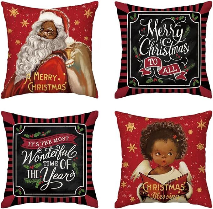 AVOIN Merry Christmas Black Santa Claus Girl Throw Pillow Cover, 18 x 18 Inch Winter Holiday It's... | Amazon (US)