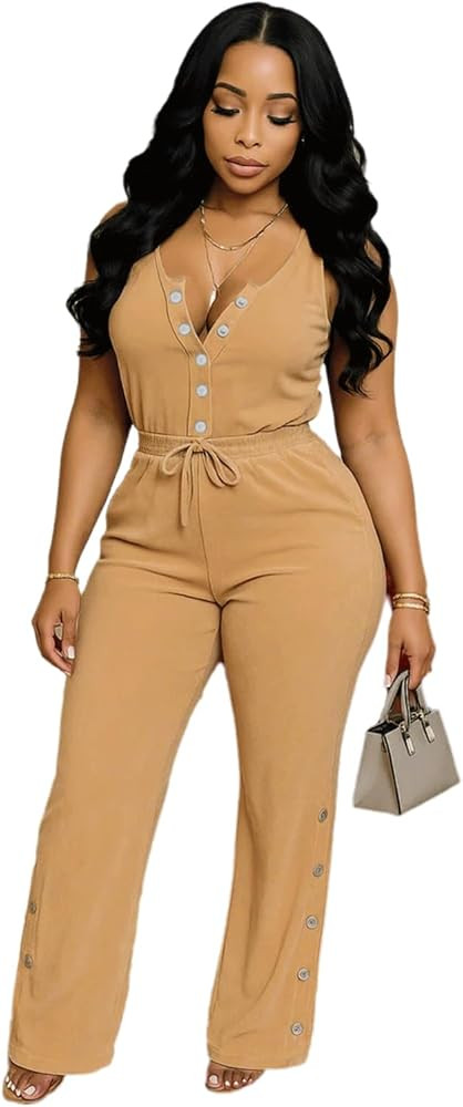 Two Piece Sets for Women Summer Casual Sleeveless Button Crop Top Drawstring Wide Leg Pants Set | Amazon (US)