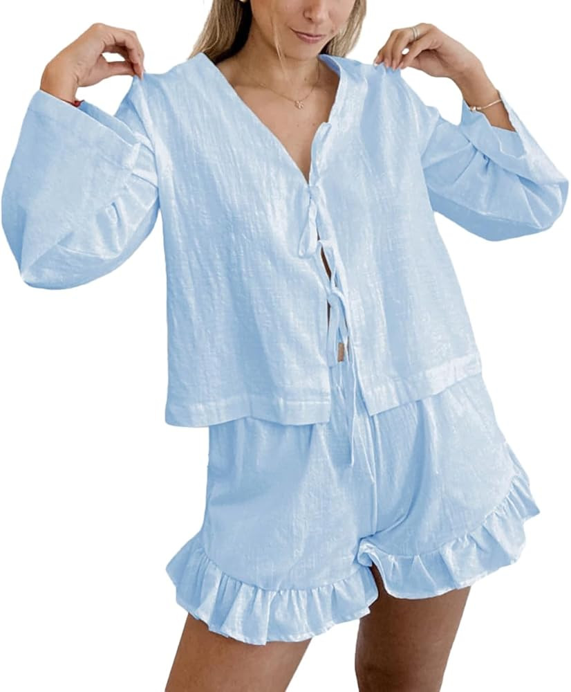 Womens Ruffle Short Sets 2 Piece Outfits Fashion Summer Tie Front Top and Shorts Cotton Pajamas S... | Amazon (US)