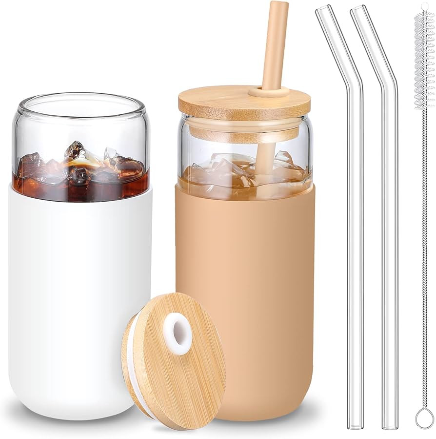 20 OZ Glass Cups with Bamboo Lids and Straws - Beer Can Shaped Drinking Glasses with Silicone Pro... | Amazon (US)