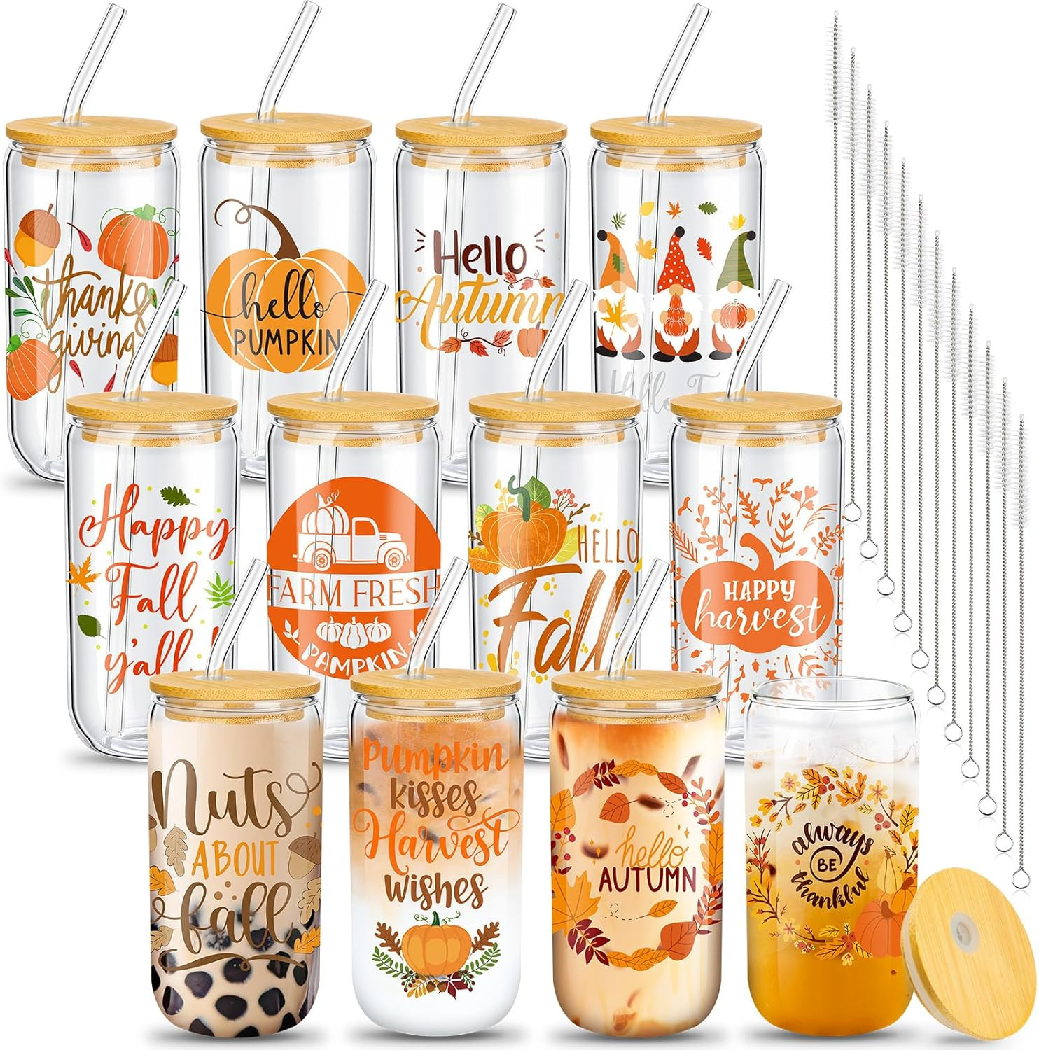 Umigy 12 Pack Thanksgiving Drinking Glasses Bulk, 16oz Fall Ice Coffee Cups Pumpkin Glass Mug Jar... | Amazon (US)