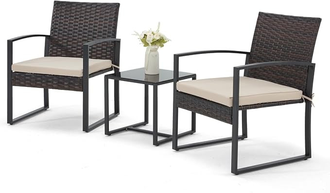 Bezseller 3 Pieces Patio Furniture Set, Outdoor Rattan Bistro Set with Coffee Table, Durable Stee... | Amazon (US)