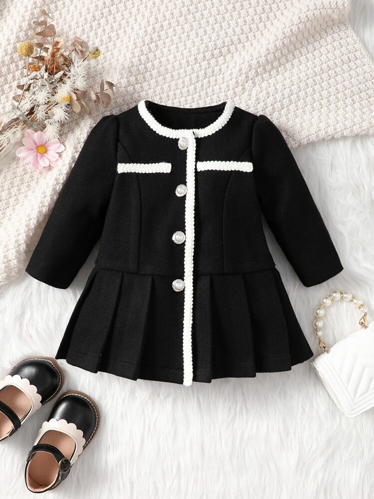 Baby Contrast Trim Pleated Hem Coat | SHEIN