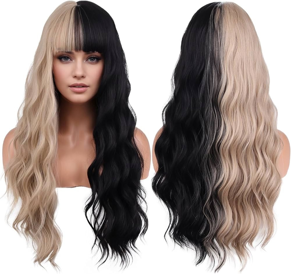 Black and Blonde Long Wavy Curly Wig with Bangs for Women Half Black and Half Blonde Split Hair W... | Amazon (US)