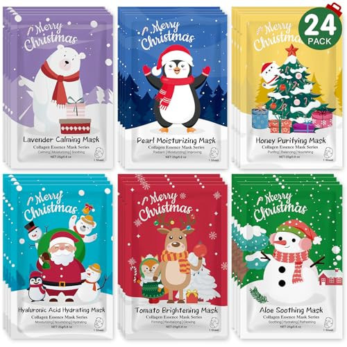 KONEUK 24 Pack Christmas Facial Masks for Stocking Stuffers, Hydrating Sheet Face Masks Skincare, Bulk Facial Masks Set for Women Skin Care, Christmas Gifts for Women | Amazon (US)