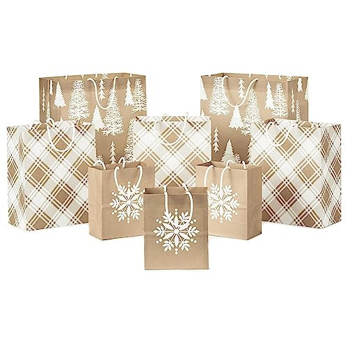 Hallmark Assorted Christmas Gift Bags, Recyclable Kraft Brown with Snowflake, Plaid and Trees (8 Bags: 3 Small 6", 3 Medium 9", 2 Large 13") for Holiday Parties, Hanukkah, Winter Weddings | Amazon (US)