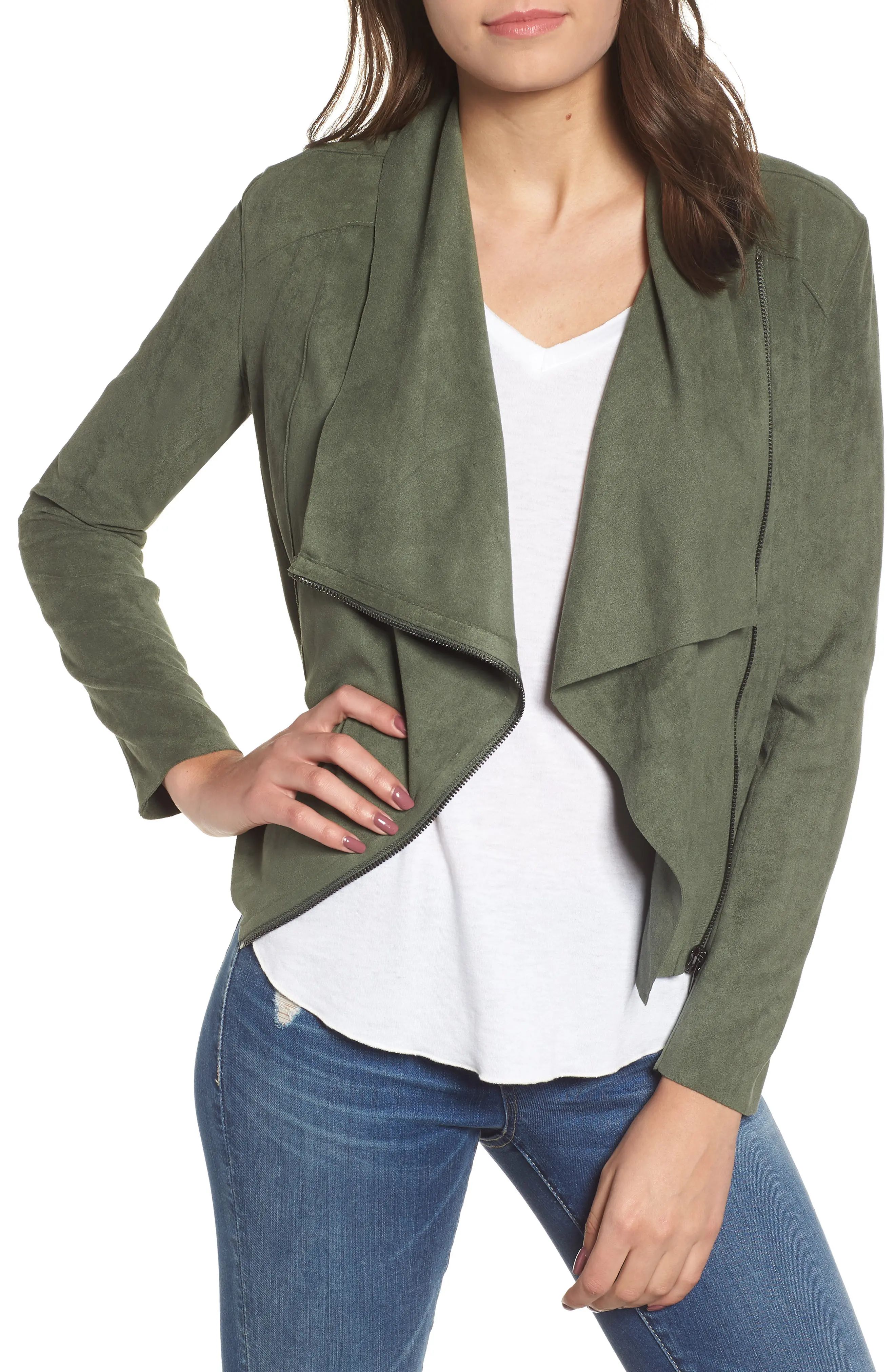 Women's Blanknyc Drape Front Faux Suede Jacket, Size Small - Green | Nordstrom