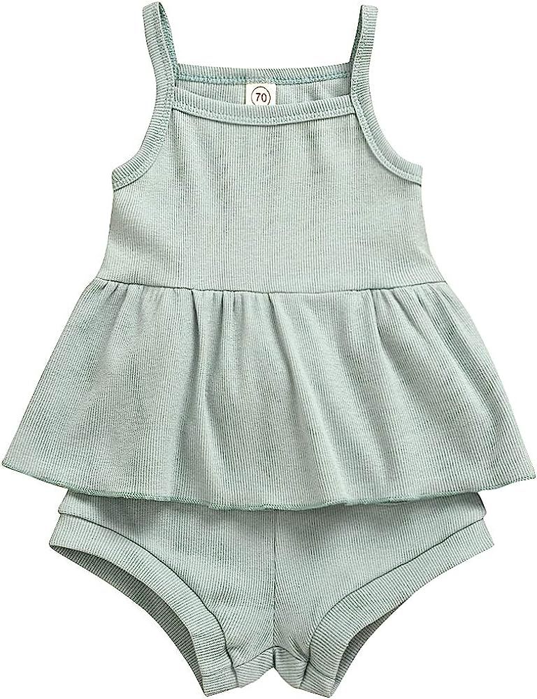 Newborn Baby Girl Summer Short Set Ruffle Dress Top and Pants 2Pcs Outfits Sunsuit Set | Amazon (US)