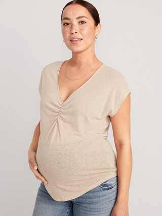 Maternity Linen-Blend V-Neck Shirred T-Shirt | Old Navy (US)