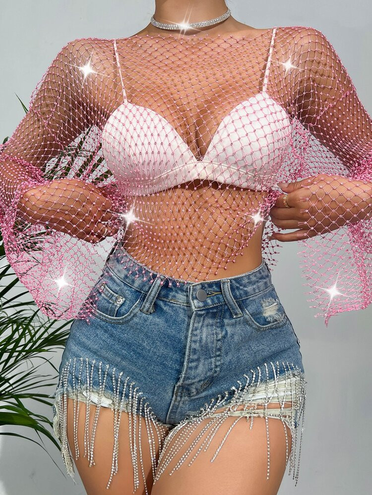 Rhinestone Studded Fishnet Mesh Top Without Bra | SHEIN