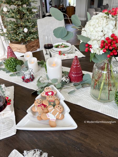 Christmas Tablescape at Modern Farmhouse Glam 

Christmas tree wooden collar cookie platter glass vase Holiday plates, dishes, dinnerware, black mat, silverware, flameless, candles, candles on timers, green topiary, boxwood, ball, candles, net, table, runner, white cable, sweater, net, cozy place mats, bowls, wine, glasses , christmas tree, Better Homes & Gardens Walmart kitchen dining room tabletop

#LTKhome #LTKHoliday #LTKSeasonal