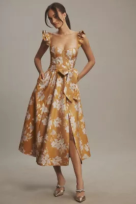 V. Chapman Vera Ruffle-Strap Corset Side-Slit Midi Dress | Anthropologie (US)