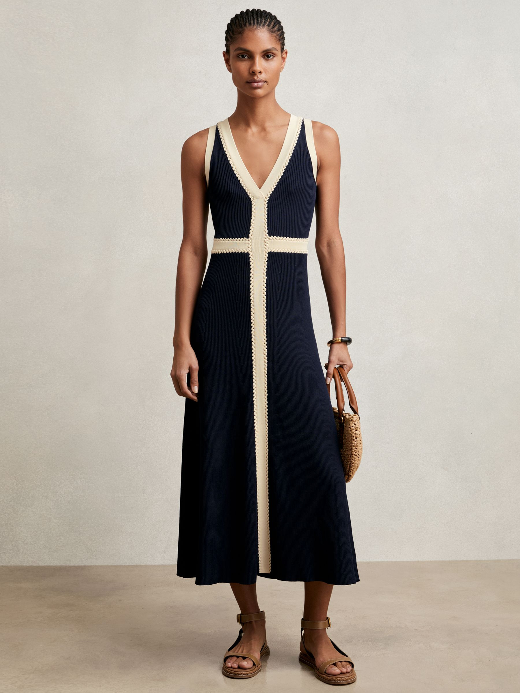 Reiss Craft-Stitch Knitted Midi Dress in Navy - REISS | Reiss UK