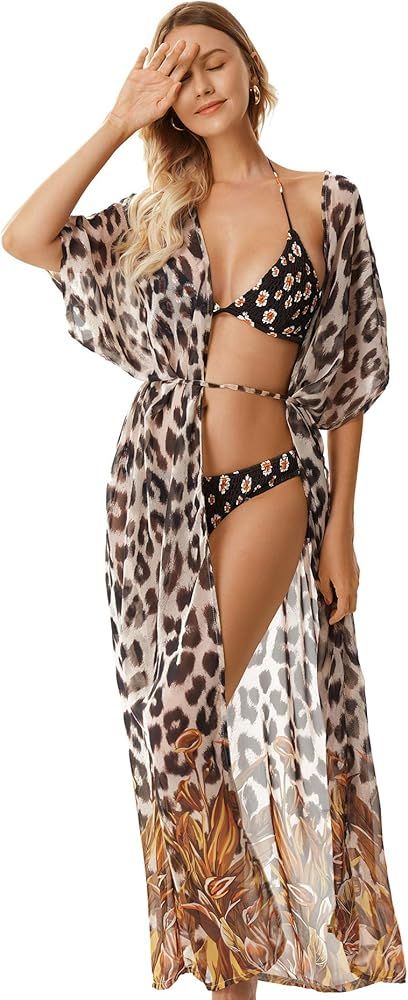 Women’s Leopard Print Swimsuit Cover Ups Open Front Kimono Cardigan Maxi Dress | Amazon (US)