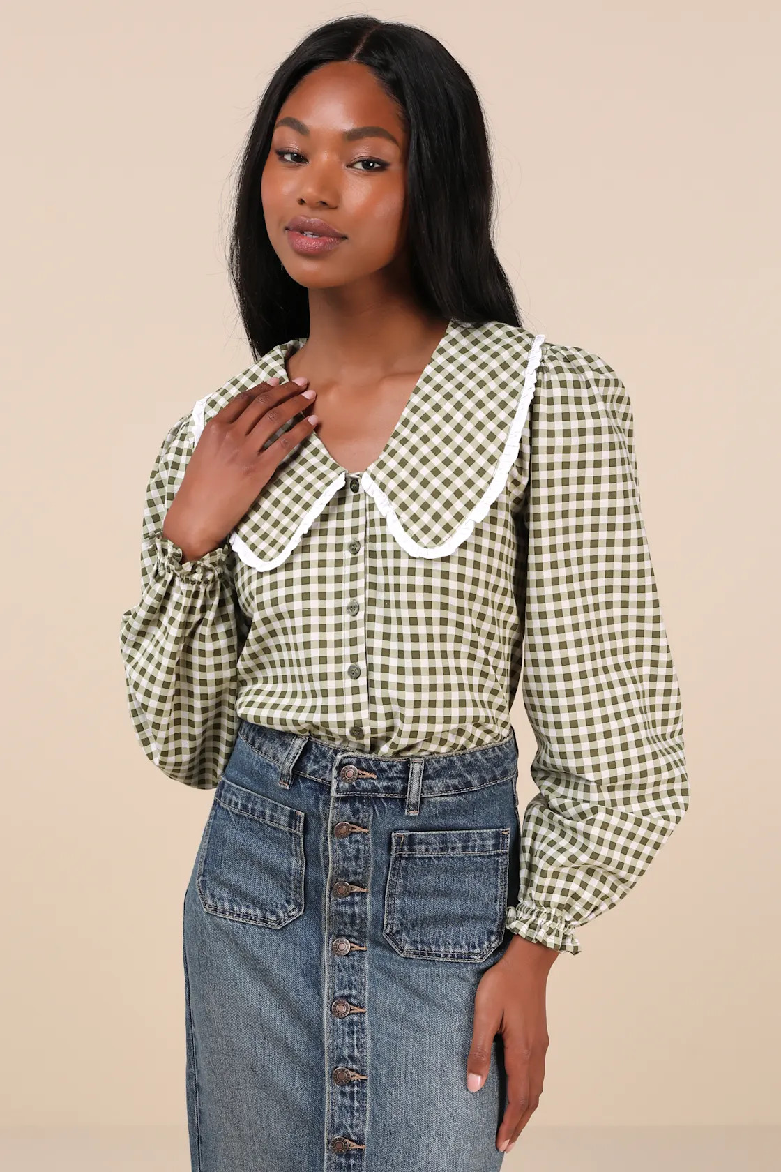 Nelcy Green Gingham Oversized Collar Top | Lulus