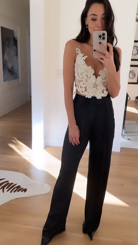 Kat Jamieson wears a lace crop top and silk trousers. New Year’s Eve outfit, Christmas outfit, holiday outfit, dressy, formal, night out, Zimmermann, holiday party, New Year’s outfit.

#LTKSeasonal #LTKHoliday #LTKparties