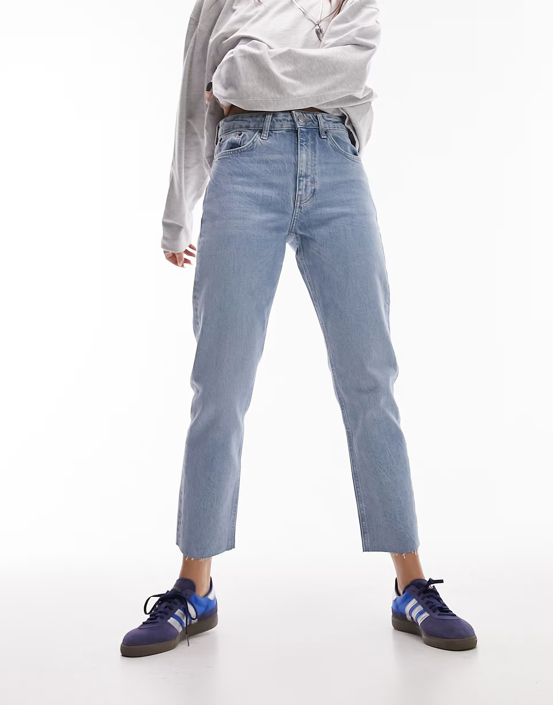 Topshop mid rise straight jeans with raw hem in bleach | ASOS (Global)