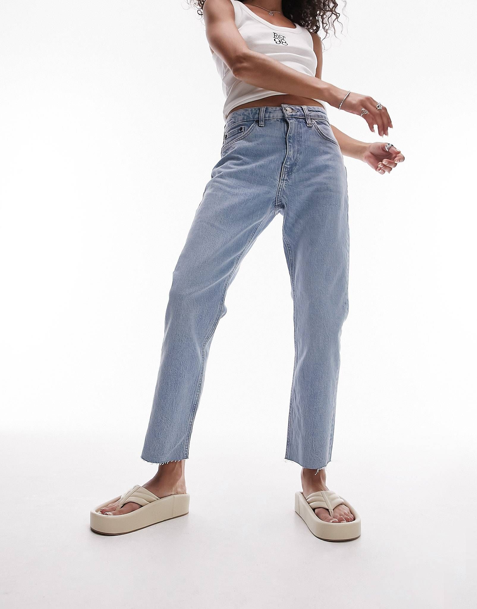 Topshop mid rise straight jeans with raw hem in bleach | ASOS (Global)