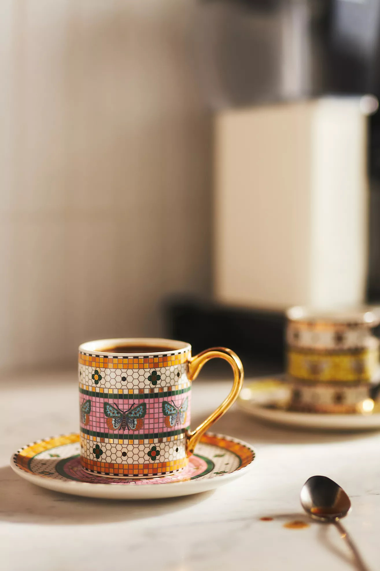 Bistro Tile Stoneware 24k Gold Accent Garden Espresso Cup & Saucer | Anthropologie (US)