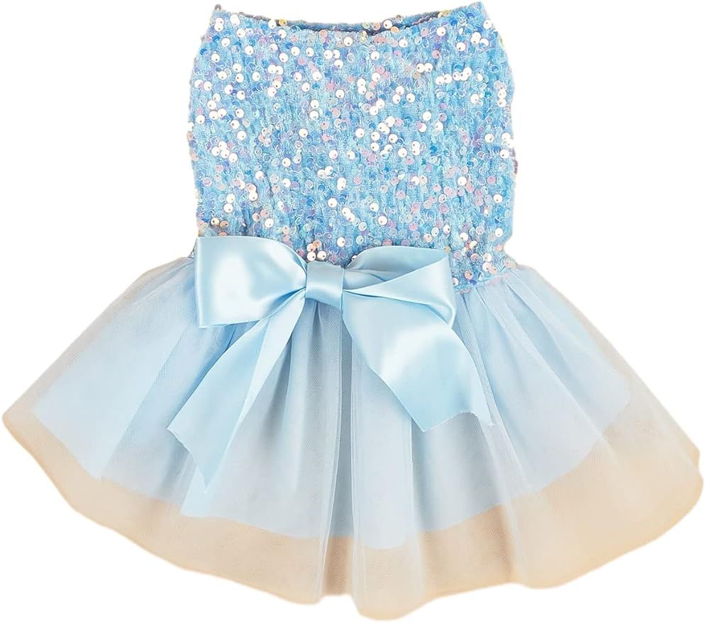 Qwinee Bow Decor Dog Dress Cute Puppy Dress Skirt Tutu Bling Princess Cat Dress Summer Birthday P... | Amazon (US)