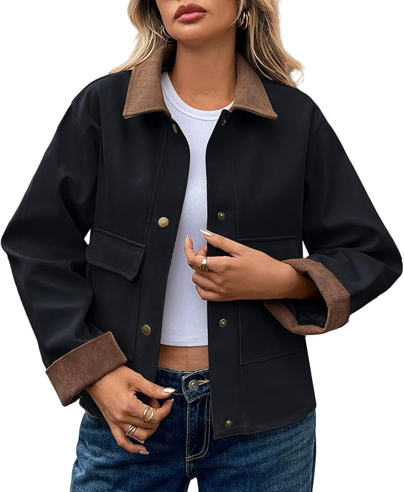 HOTIAN Jacken Damen Stehkragen Kurze Casual Jacke Langarm Cord Revers Button Shacket Mantel mit T... | Amazon (DE)