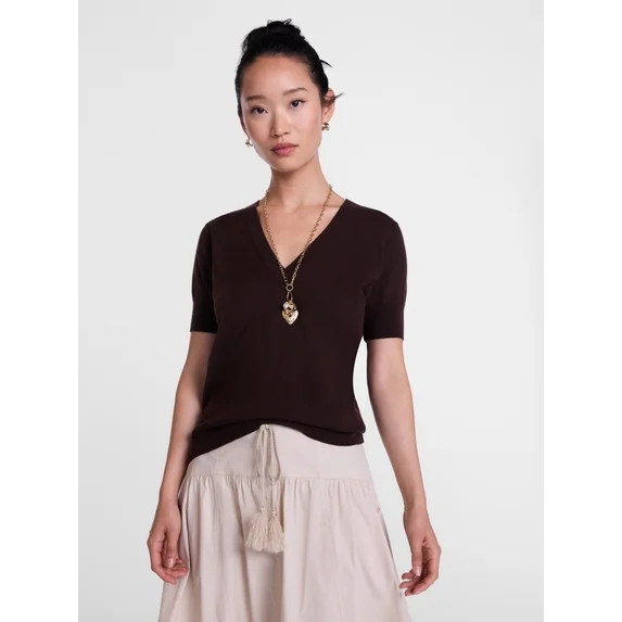 Scenario Women's V-Neck Lightweight Sweater with Short Sleeves, Sizes XS-XXXL | Walmart (US)
