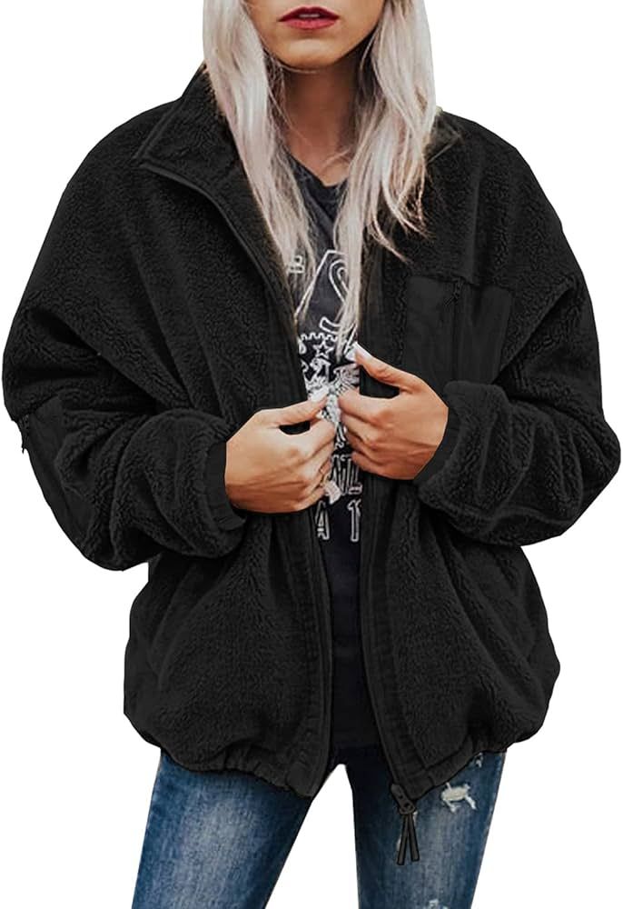 BTFBM Women 2022 Fall Winter Fleece Jackets Full Zip Long Sleeve Casual Soft Fuzzy Shaggy Teddy Coat | Amazon (US)