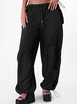 Women's Parachute Pants Drawstring Elastic Waist Sweatpants Loose Baggy Y2K Cargo Pants Trousers ... | Amazon (US)