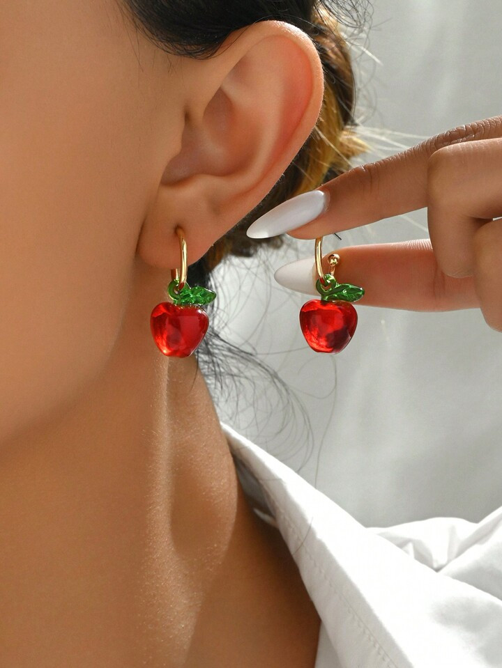 1pair Lovely C Design Small Apple Personalized Red Fashionable Earrings For Women's Daily Wear | ... | SHEIN