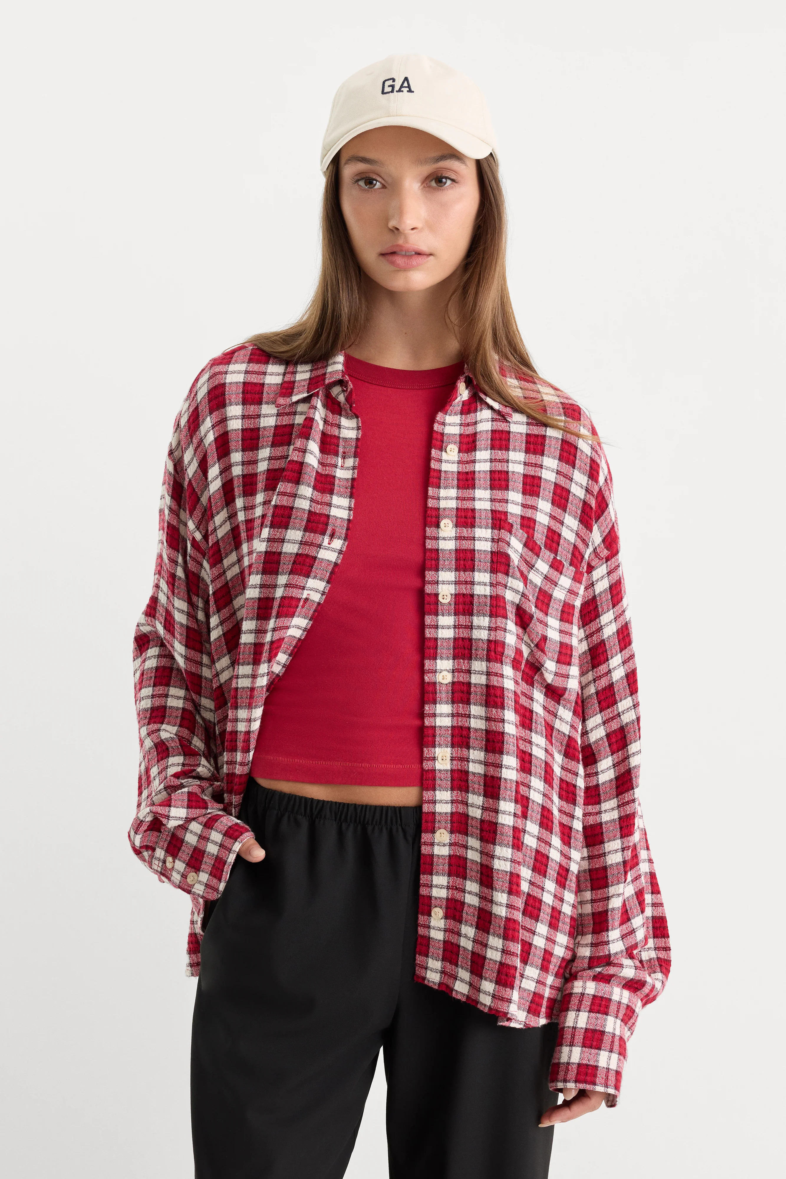 Women's The Crinkle Easy Shirt | Carmine Plaid, Size XS | Good American by Khlo� Kardashian | Good American
