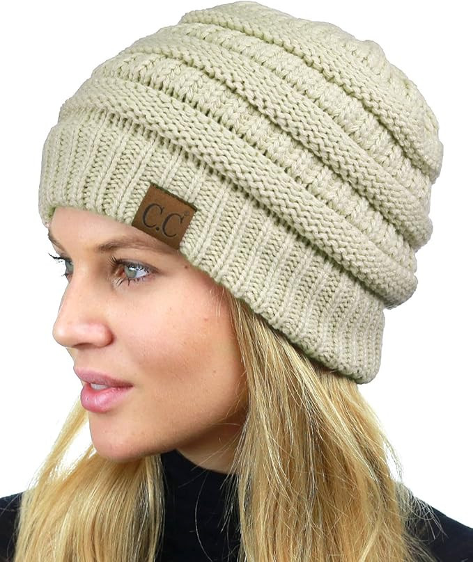 C.C Unisex Chunky Soft Stretch Cable Knit Warm Fuzzy Lined Skully Beanie | Amazon (US)