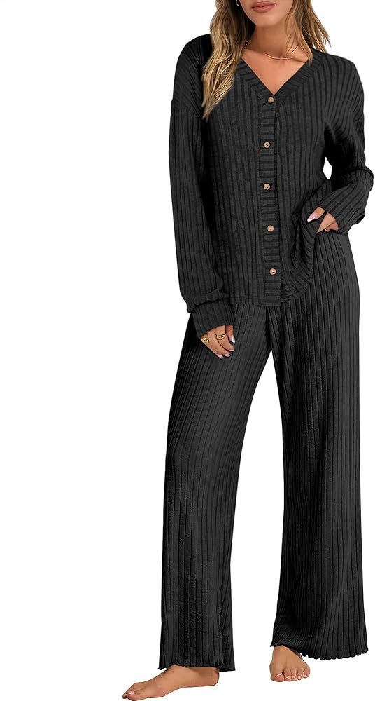 ANRABESS Women's 2 Piece Lounge Pajama Sets Ribbed Long Sleeve Button Top Matching Pants Sleepwea... | Amazon (US)