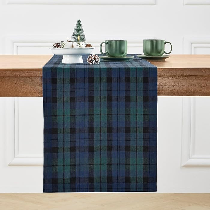 Solino Home Linen Blackwatch Table Runner 120 Inches Long - 100% Pure Linen Christmas Blue and Gr... | Amazon (US)