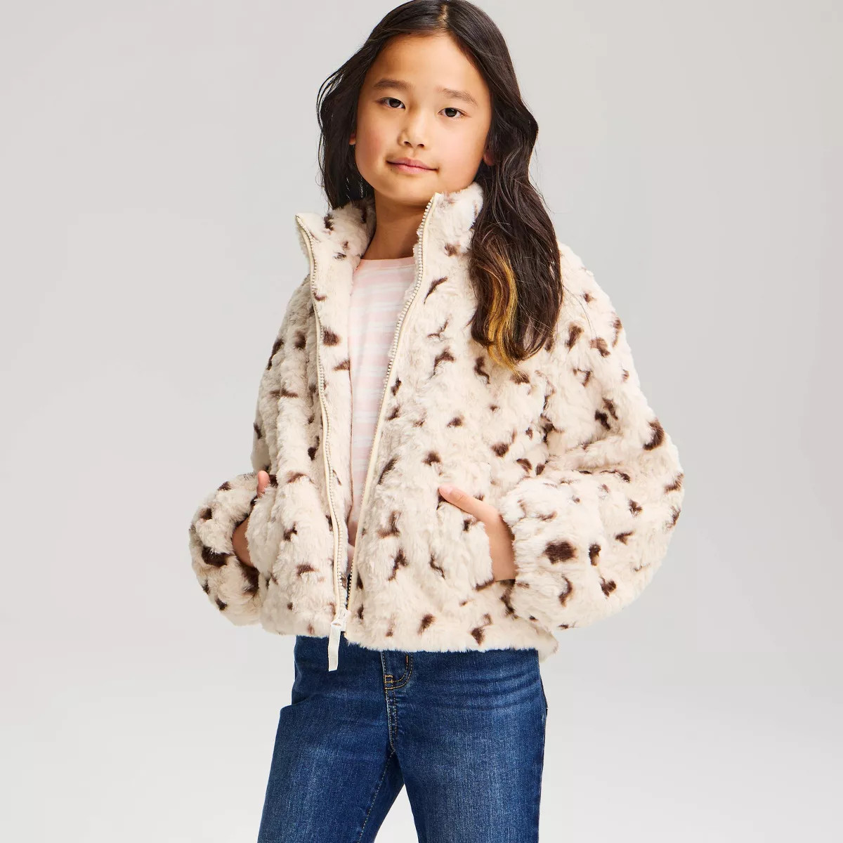 Girls' Printed Faux Fur Jacket - Cat & Jack\u2122 Cream/Brown M | Target