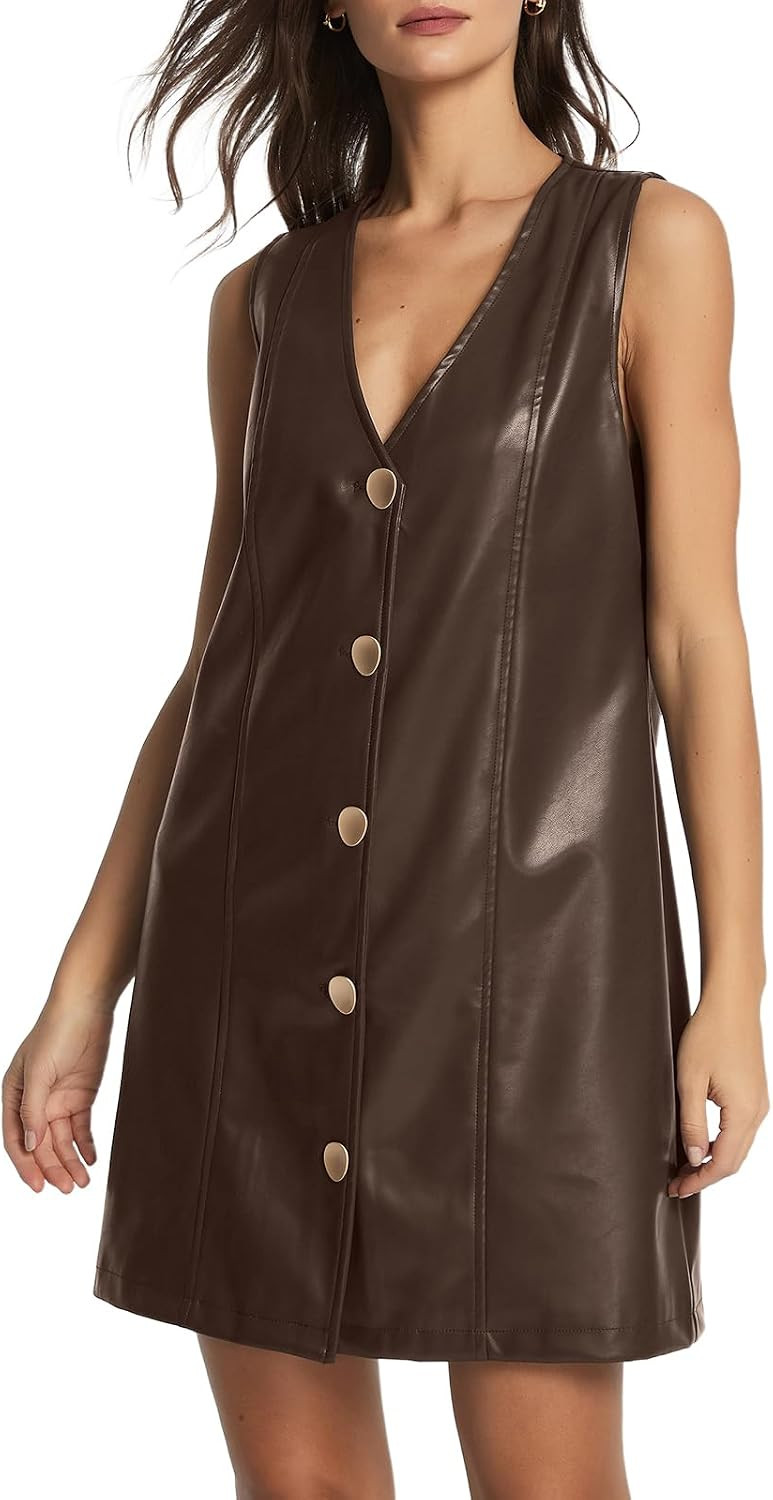 EZAPINE Women Faux Leather Mini Dress Sleeveless V Neck Button Down Pinafore Dress | Amazon (US)