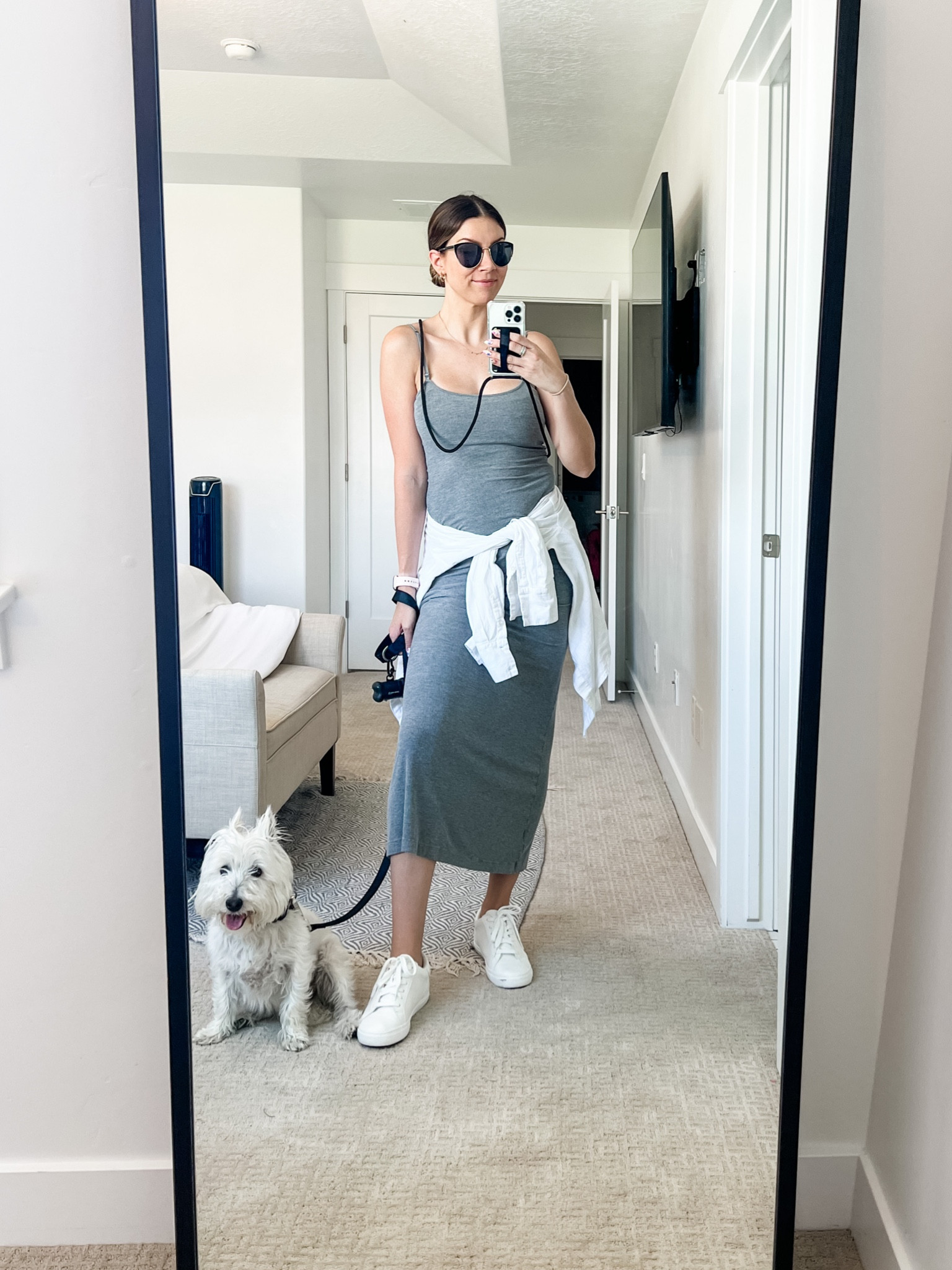 Skims dress dupe paired with sneakers and a lightweight button down tied around the waist for an easy mom bod friendly outfit. 
Dress: Medium 
Shirt: Small 

#LTKstyletip #LTKSeasonal #LTKunder50