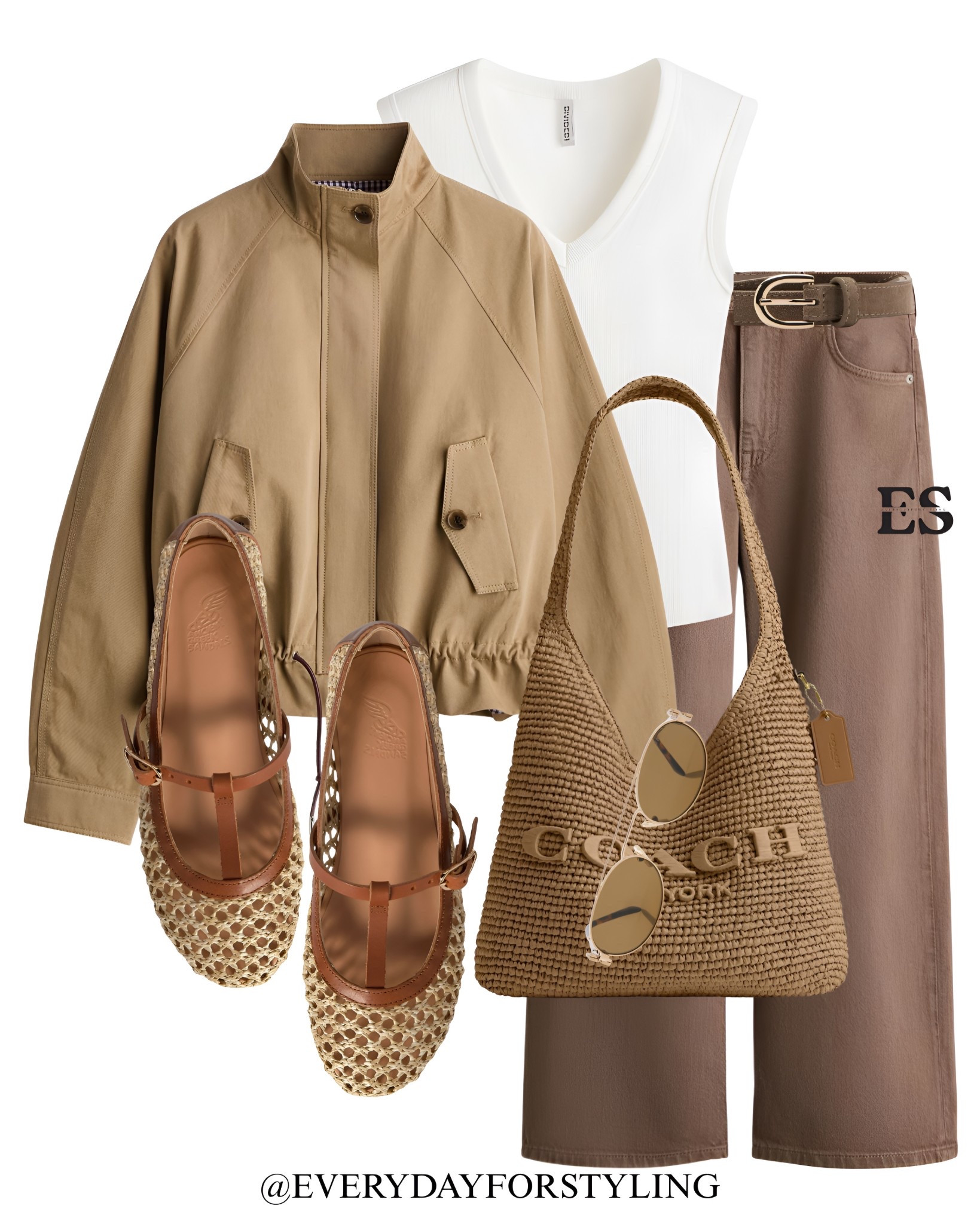 Camel, white and brown — the neutral trio that never misses 🤍🤎
H&M camel Harrington jacket over a white sleeveless top, brown jeans with a gold belt, crochet Mary Jane flats and a Coach raffia hobo bag with gold charm detail. Round tortoiseshell sunglasses finish the whole look perfectly. Warm, textured and completely effortless 🐻

H&M jacket outfit | camel jacket spring 2026 | Harrington jacket women | how to style a camel jacket | H&M best sellers | H&M spring finds | H&M fashion 2026 | camel jacket outfit ideas | affordable spring jacket women | jacket with jeans outfit | spring outerwear women | elevated casual spring look | H&M finds worth buying | Adidas Samba outfit | YSL bag outfit | Coach raffia bag outfit | Sam Edelman flats outfit | spring jacket styling | camel outerwear women | spring basics USA 2026 | spring style | summer outfit ideas | parisian fashion | old money style | summer outfits | summer outfit ideas | how to wear | what to wear | ways to style | everydayforstyling 

#zara #HMJacket #CamelJacket #SpringOuterwear #EverydayForStyling     

#LTKTravel #LTKSeasonal #LTKootd