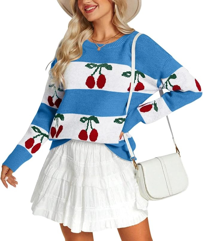 Angashion Sweaters for Women Trendy: Cherry Crewneck Long Sleeve Knit Pullover Fall Sweater | Amazon (US)