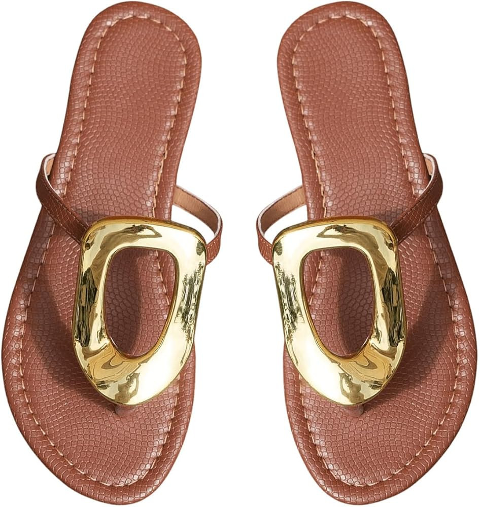 GORGLITTER Women's Gold Flip Flops Thong Flat Sandals 2025 Dressy Summer Vacation Open Toe Slides | Amazon (US)