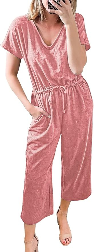 Happy Sailed Womens Casual Drawstring Jumpsuit Summer Short Sleeve V Neck Wide Leg Pant Romper Po... | Amazon (US)