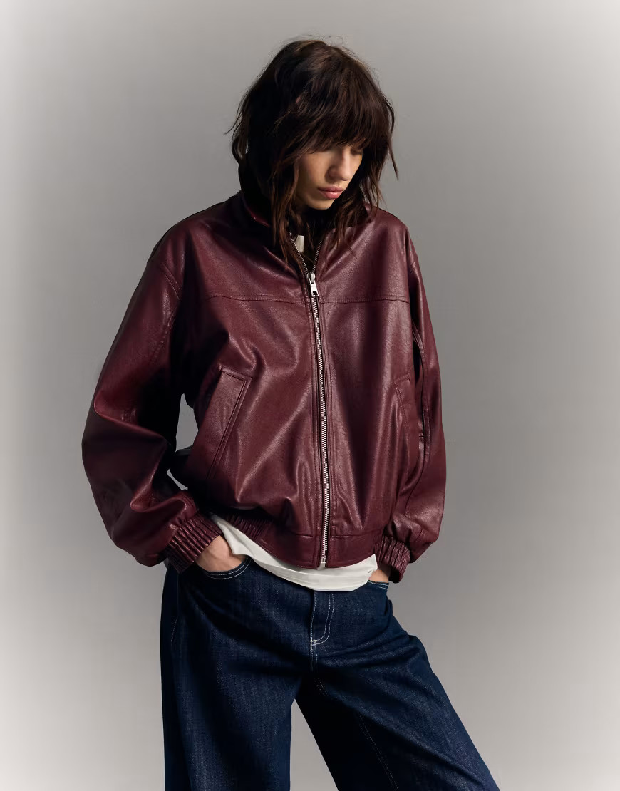 Bershka faux leather oversized jacket in burgundy-Red | ASOS (Global)