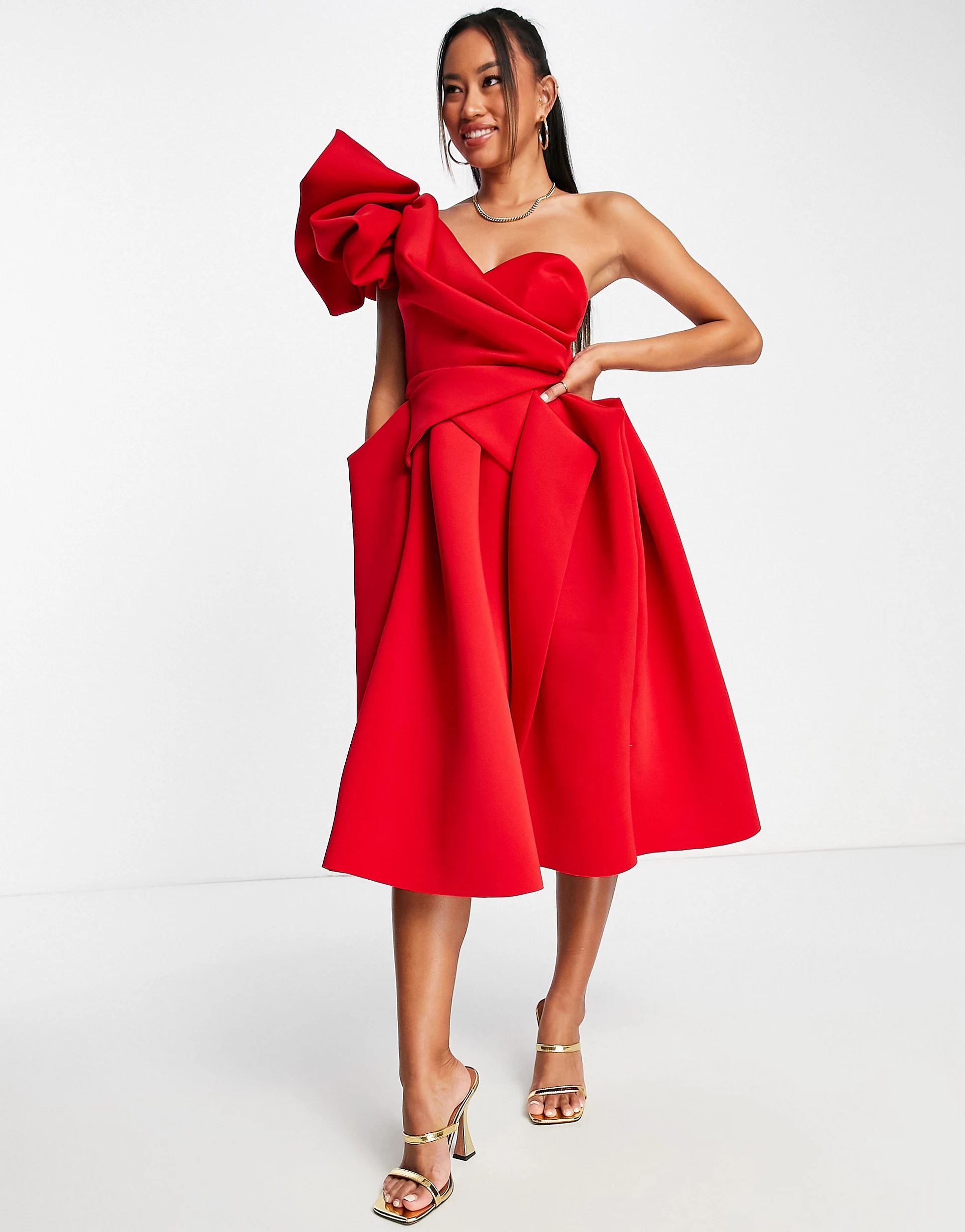 ASOS DESIGN one shoulder origami midi prom dress in red | ASOS (Global)
