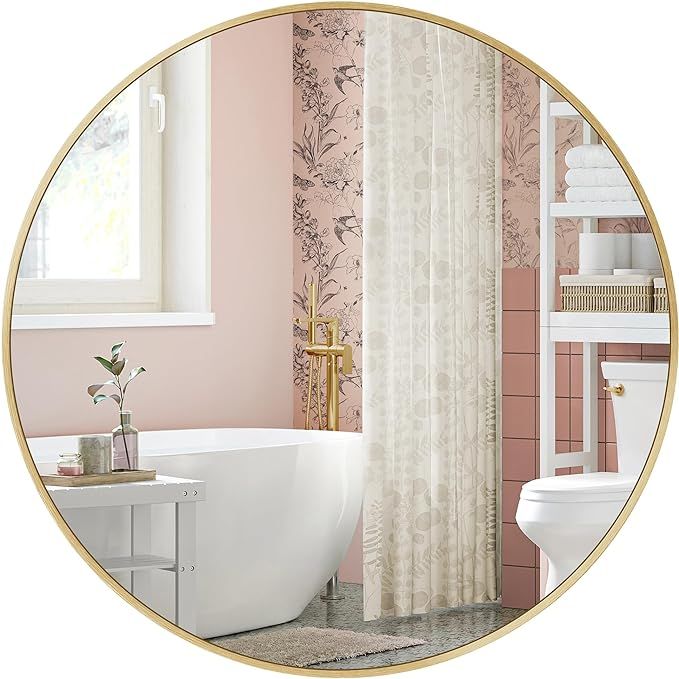 SONGMICS Round Mirror, Gold Bathroom Circle Mirror for Wall, 24 Inches, Metal Frame, Easy to Inst... | Amazon (US)